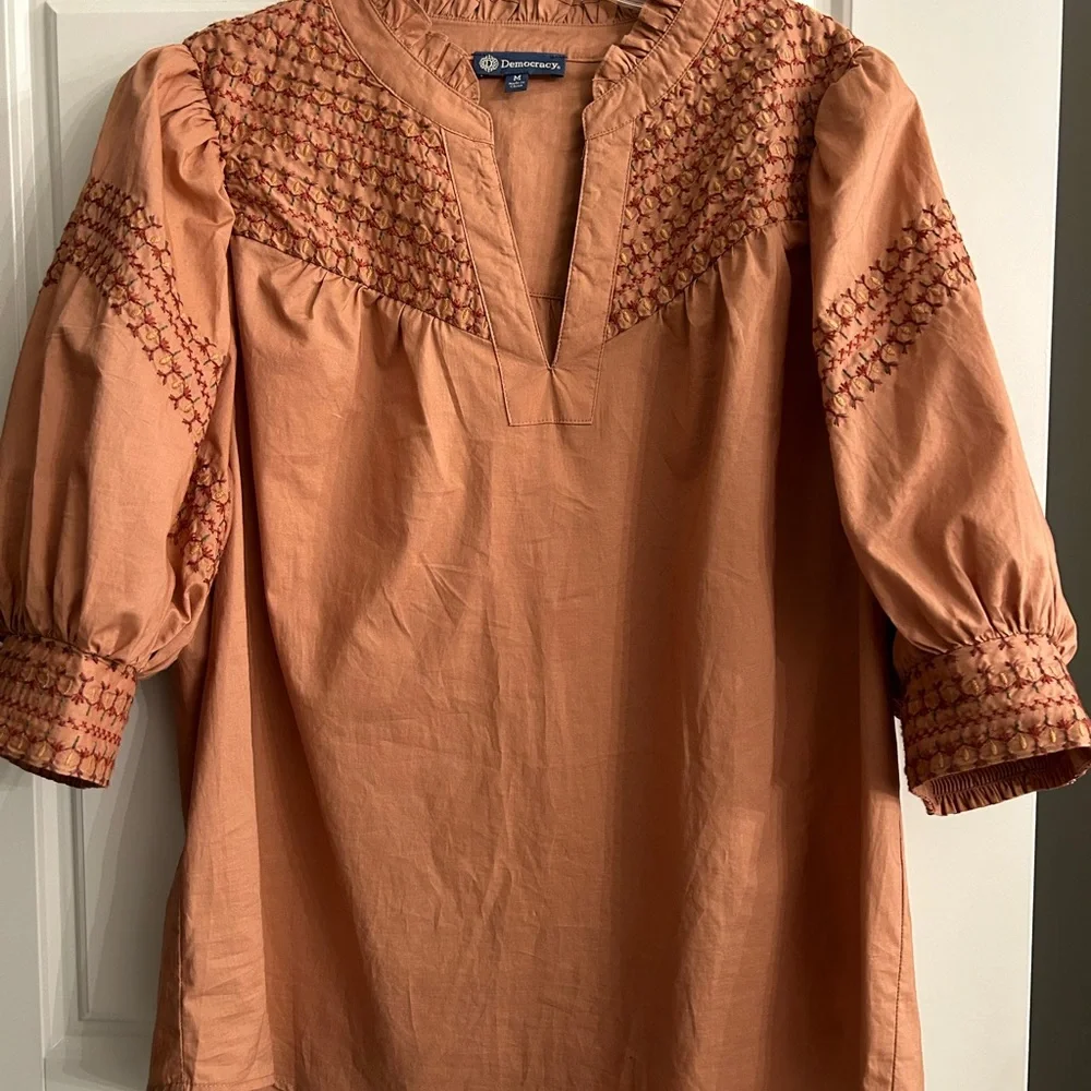 Democracy pouff sleeve embroidered ruffle neck blouse - Picture 2 of 6